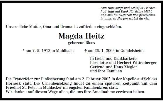 Bloos Magda 1912-2005 Todesanzeige